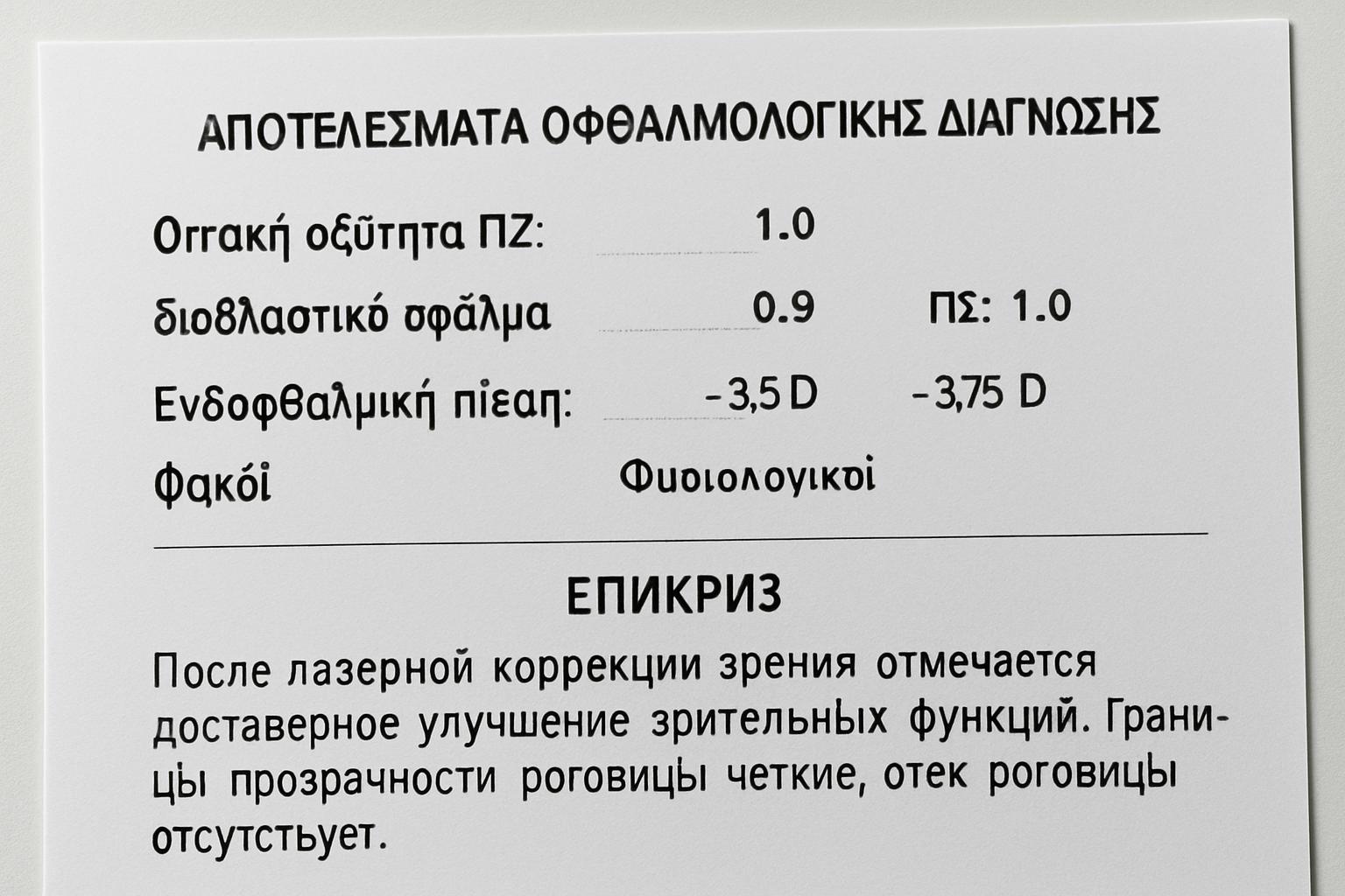 Письменный медицинский перевод с греческого на русский: результаты офтальмологической диагностики и эпикризы после лазерной коррекции зрения. Форматирование, нотация и передача готового документа
